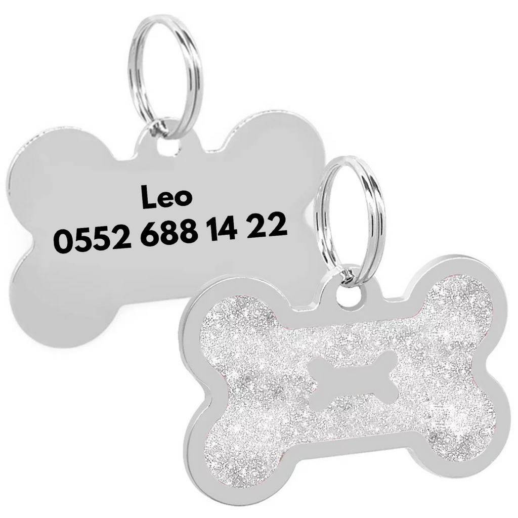 İsme Özel Çelik Kedi Köpek İsimlik Künyesi Gri Glitter
